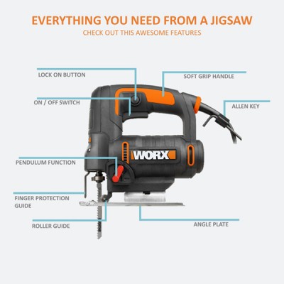 WORX 65mm 550W Corded Jigsaw with Tool-Free Blade Change and 4 Pendulum Settings - WX477